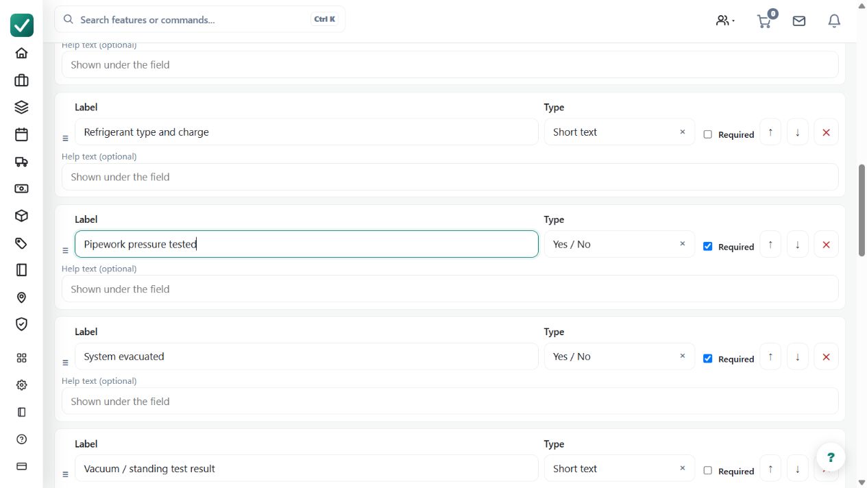 The HVAC template's individual fields have editable labels, answer types and required-field controls. Adapt the questions to the actual equipment and site requirements; this is not a completed commissioning record.