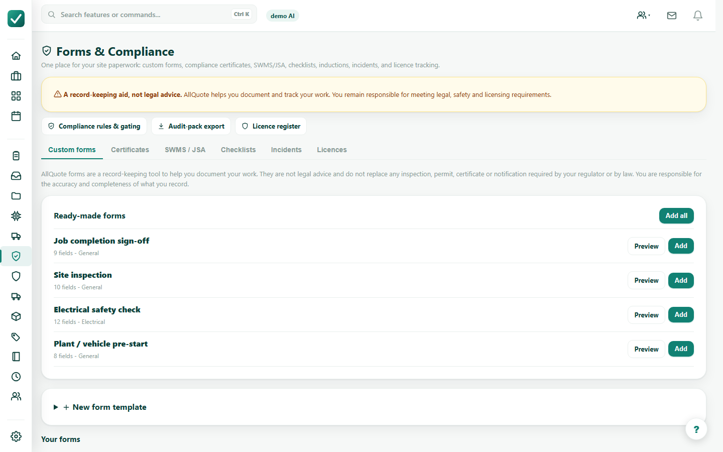 Manage licences and compliance - Open forms and compliance