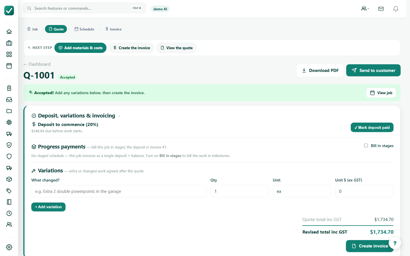 Convert quote to job - Open the accepted quote