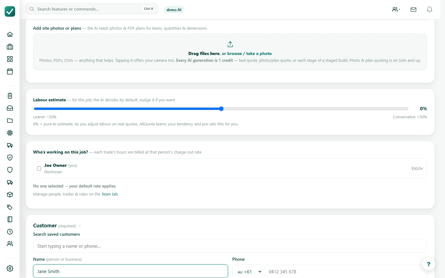 Create a quote - Add work details and customer