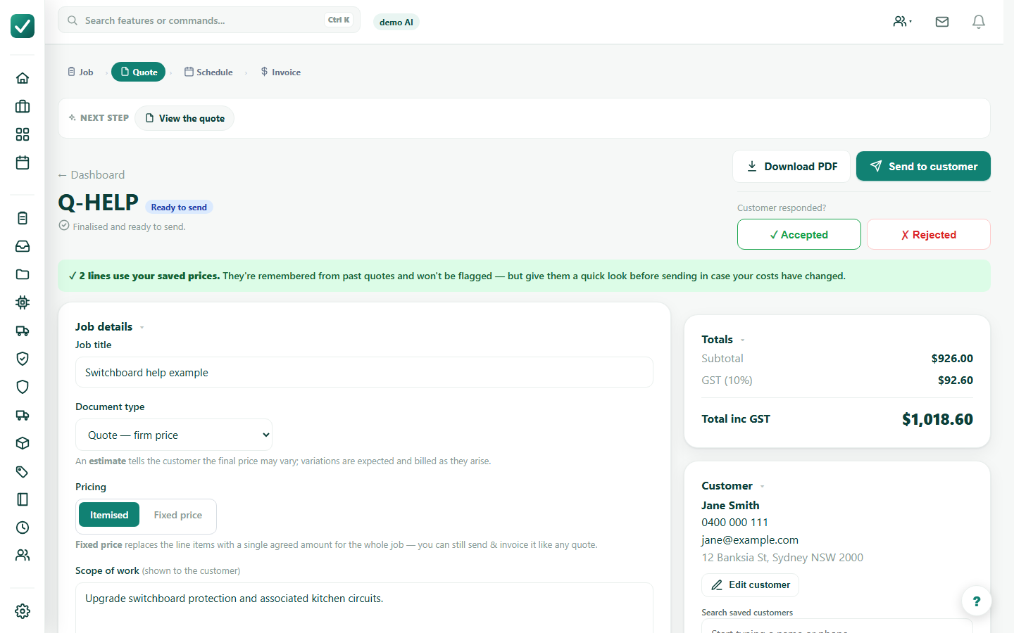 Create a quote - Review the draft