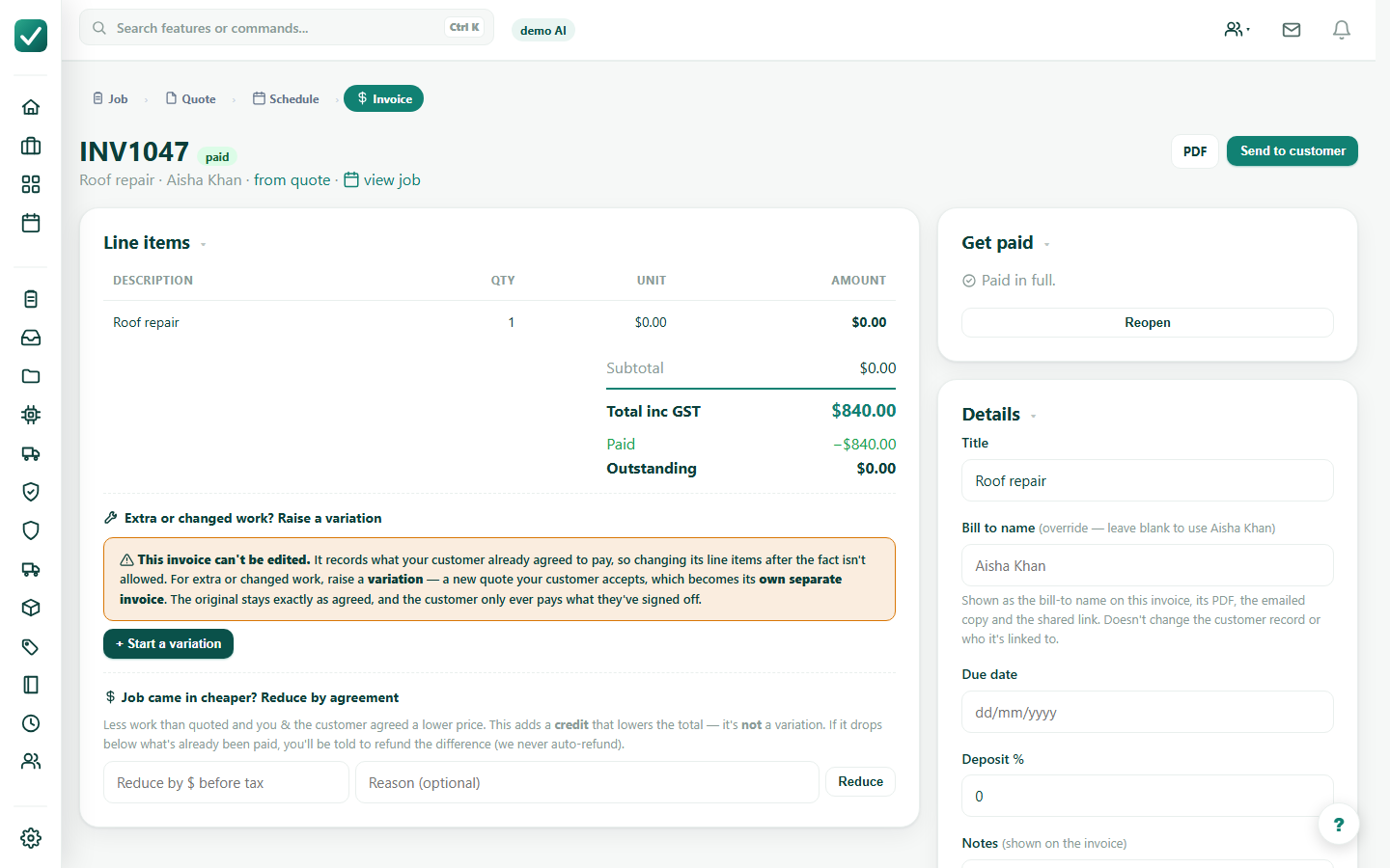 Take a payment - Review the Get paid panel