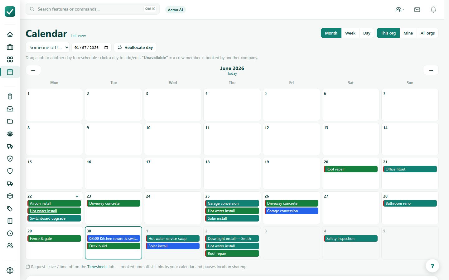 Schedule and dispatch a job - Review the calendar